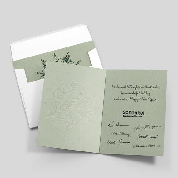 greeting card with embossed snowflake design and customizable text area